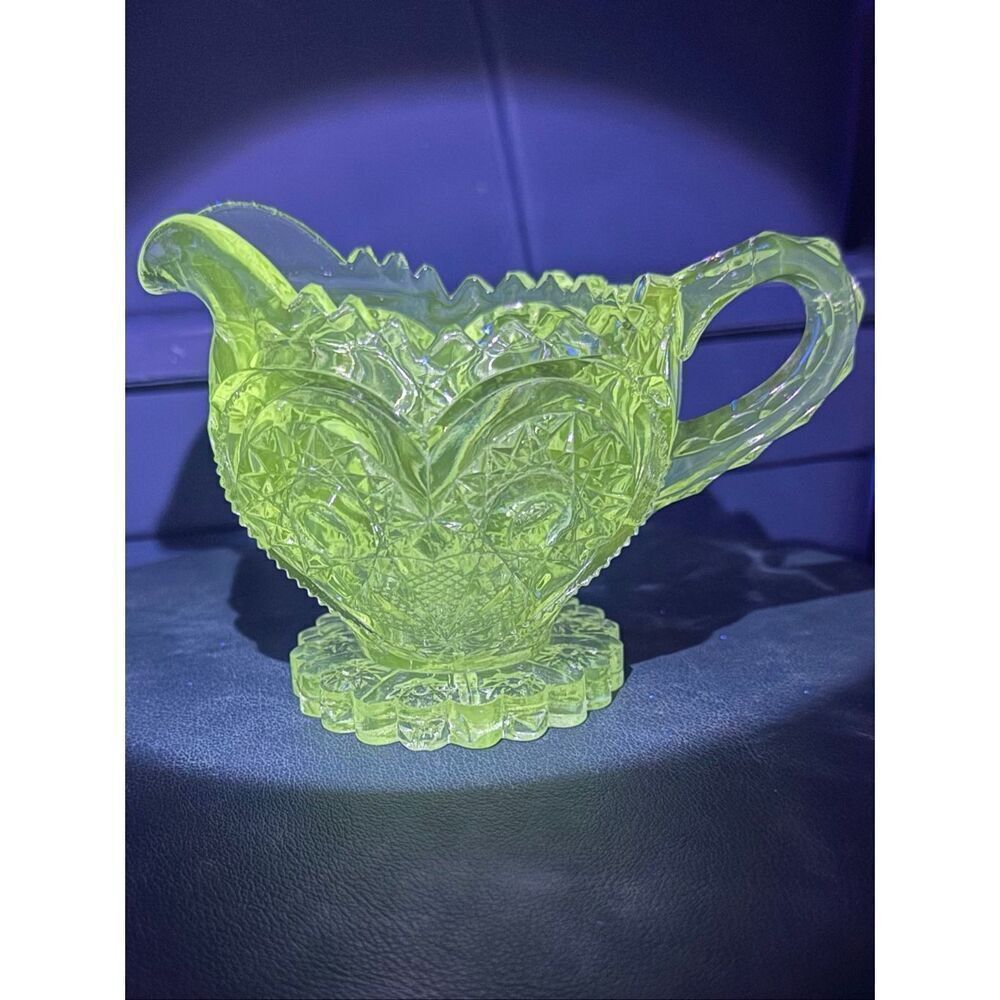 EAPG Vintage Imperial Zippered Heart Pitcher Glass Manganese Glow